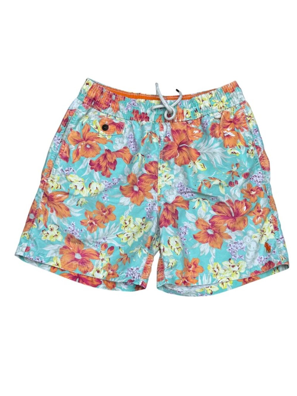 Polo Ralph Lauren Mens Tropical Floral Swim Trunks Small Mesh Lining Blue & Oran